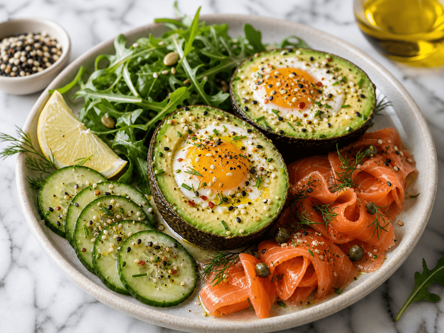 Ketogenic meal with salmon, avocado, eggs, leafy greens, and olive oil