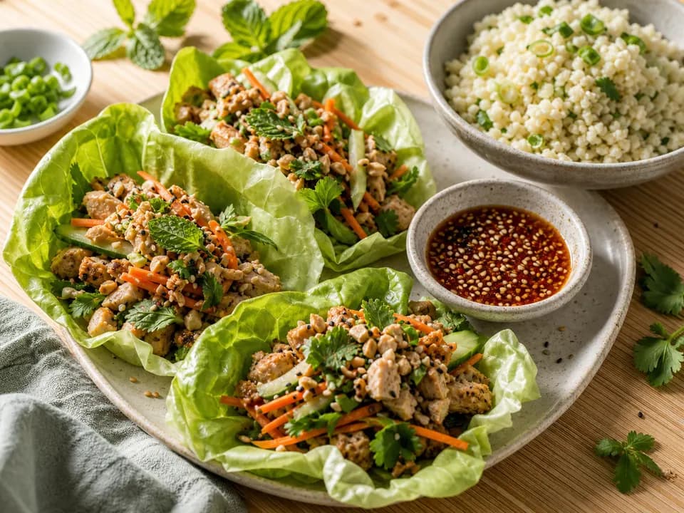 Low carb meal with chicken lettuce wraps and cauliflower rice