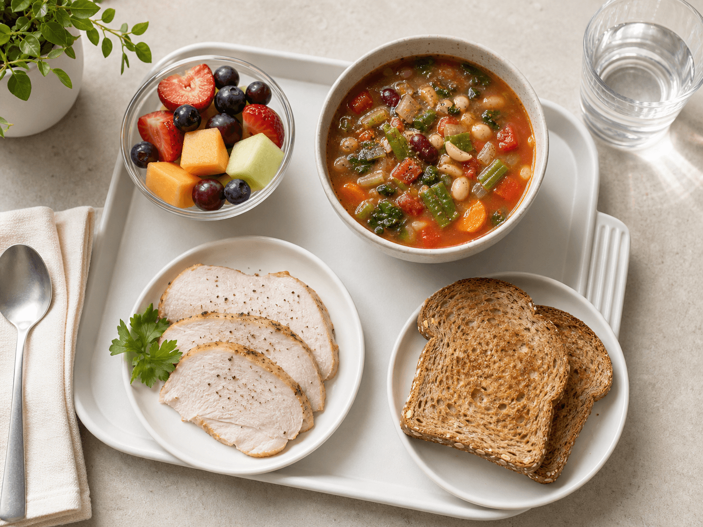 Mayo Clinic Diet style meal with fruit, vegetables, whole grains, and lean protein