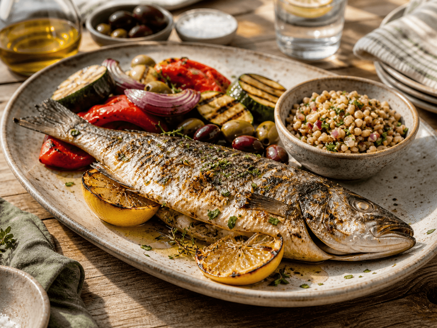 Mediterranean diet meal with grilled fish, Greek salad, olives, olive oil, and whole grains
