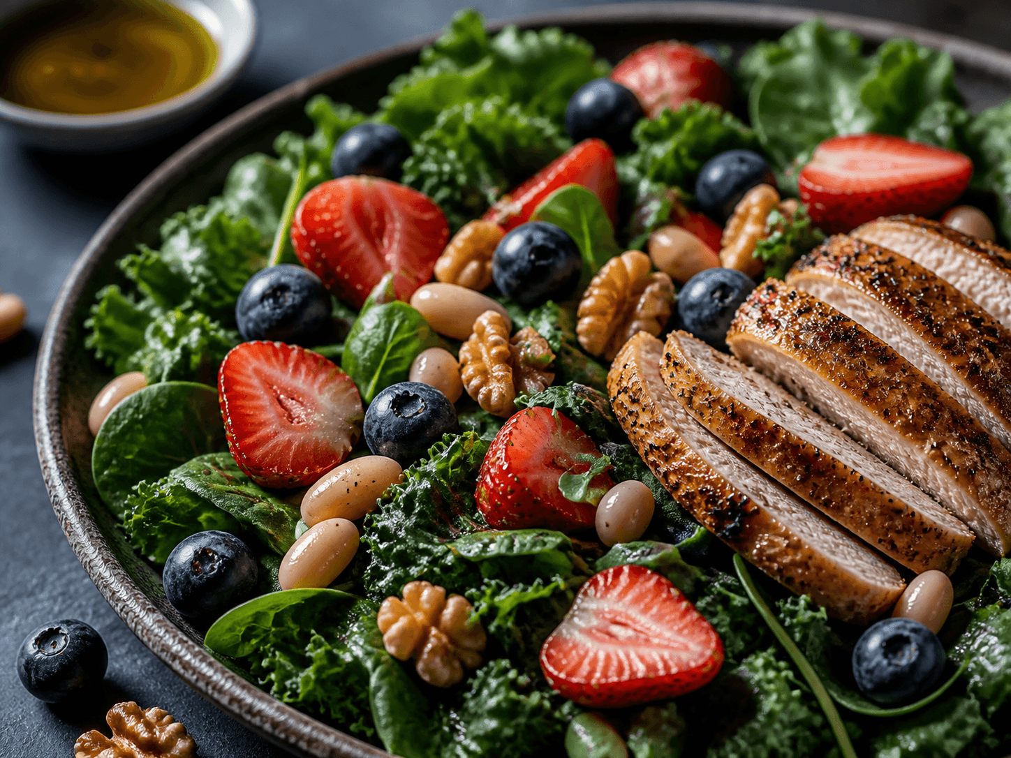 MIND diet meal with leafy greens, berries, nuts, beans, olive oil, and lean protein