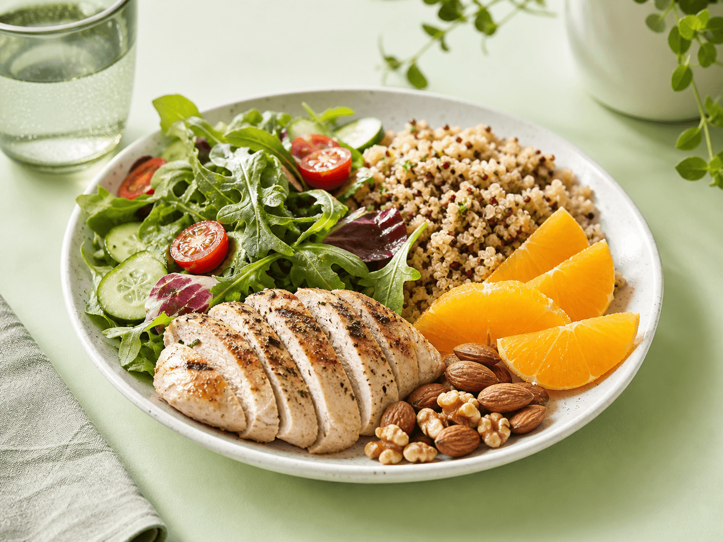 Balanced Noom style plate with vegetables, fruit, lean protein, and whole grains