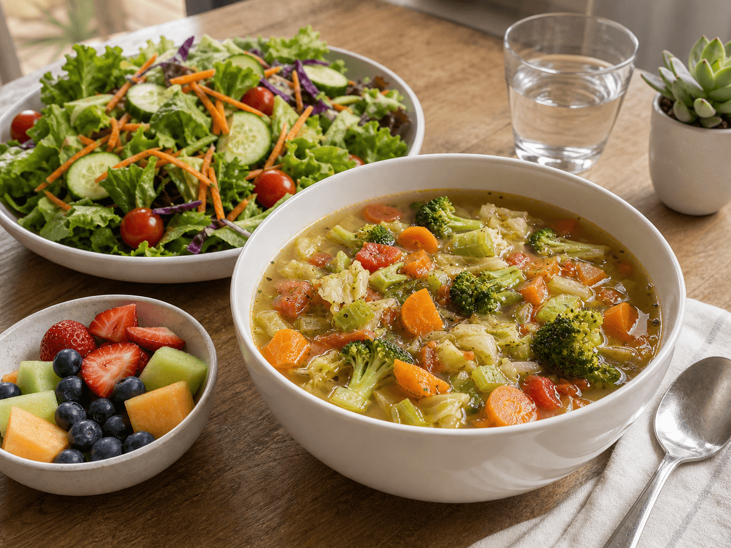 Volumetrics meal with a large vegetable soup and salad