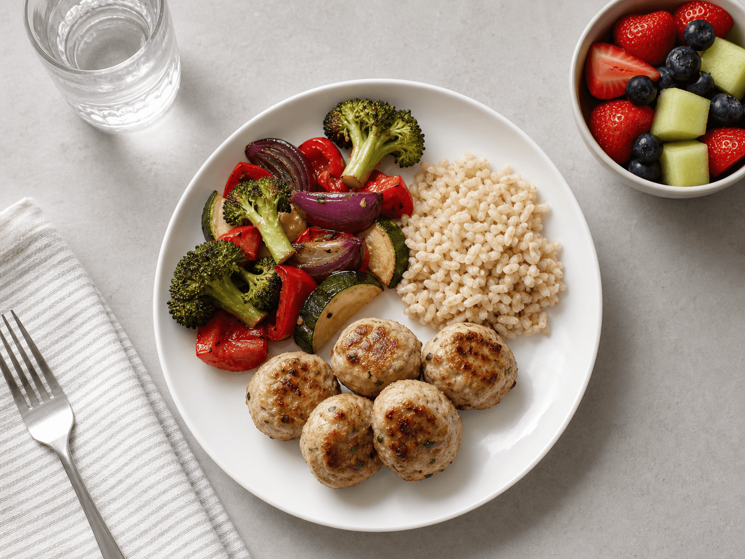 Portion controlled colorful plate with lean protein, vegetables, and grains