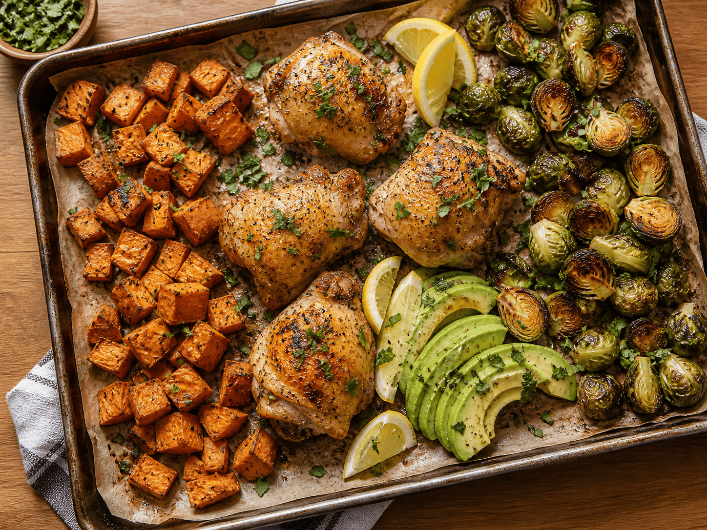 Whole30 meal with chicken, roasted sweet potato, avocado, and vegetables