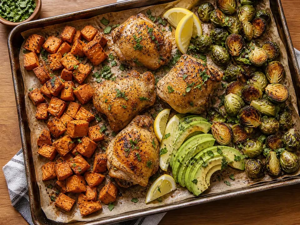 Whole30 meal with chicken, roasted sweet potato, avocado, and vegetables