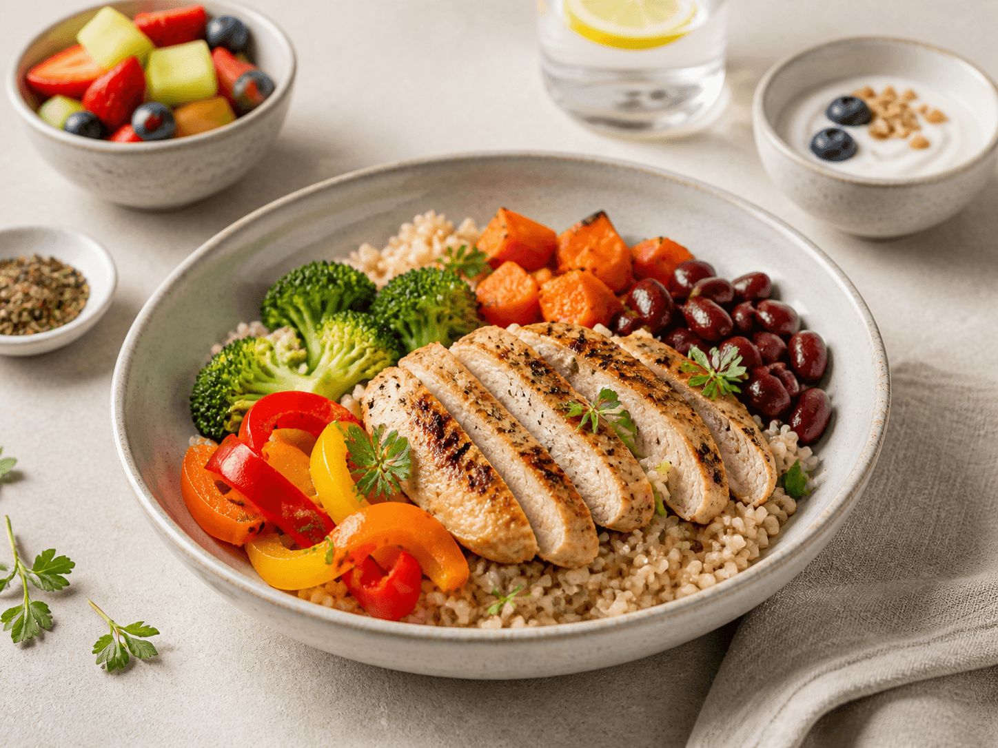Zone diet balanced plate with chicken, grains, vegetables, and healthy fat