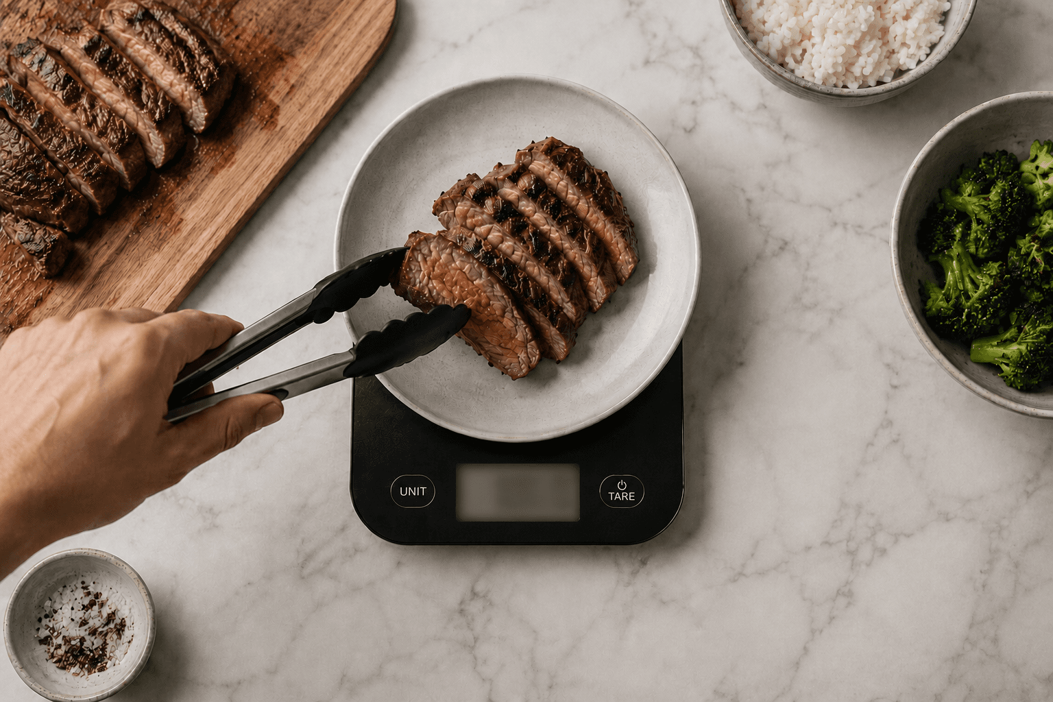 A calm protein tracking dashboard showing a daily protein target, food sources, and a per-meal breakdown