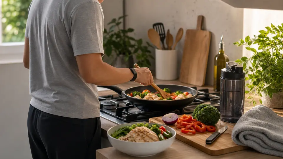 A person cooking a balanced post-workout meal in a bright home kitchen