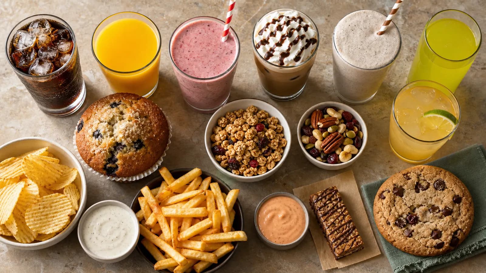 An overhead spread of soda, juice, smoothies, coffee drinks, snacks, fries, sauces, a muffin, and a large cookie