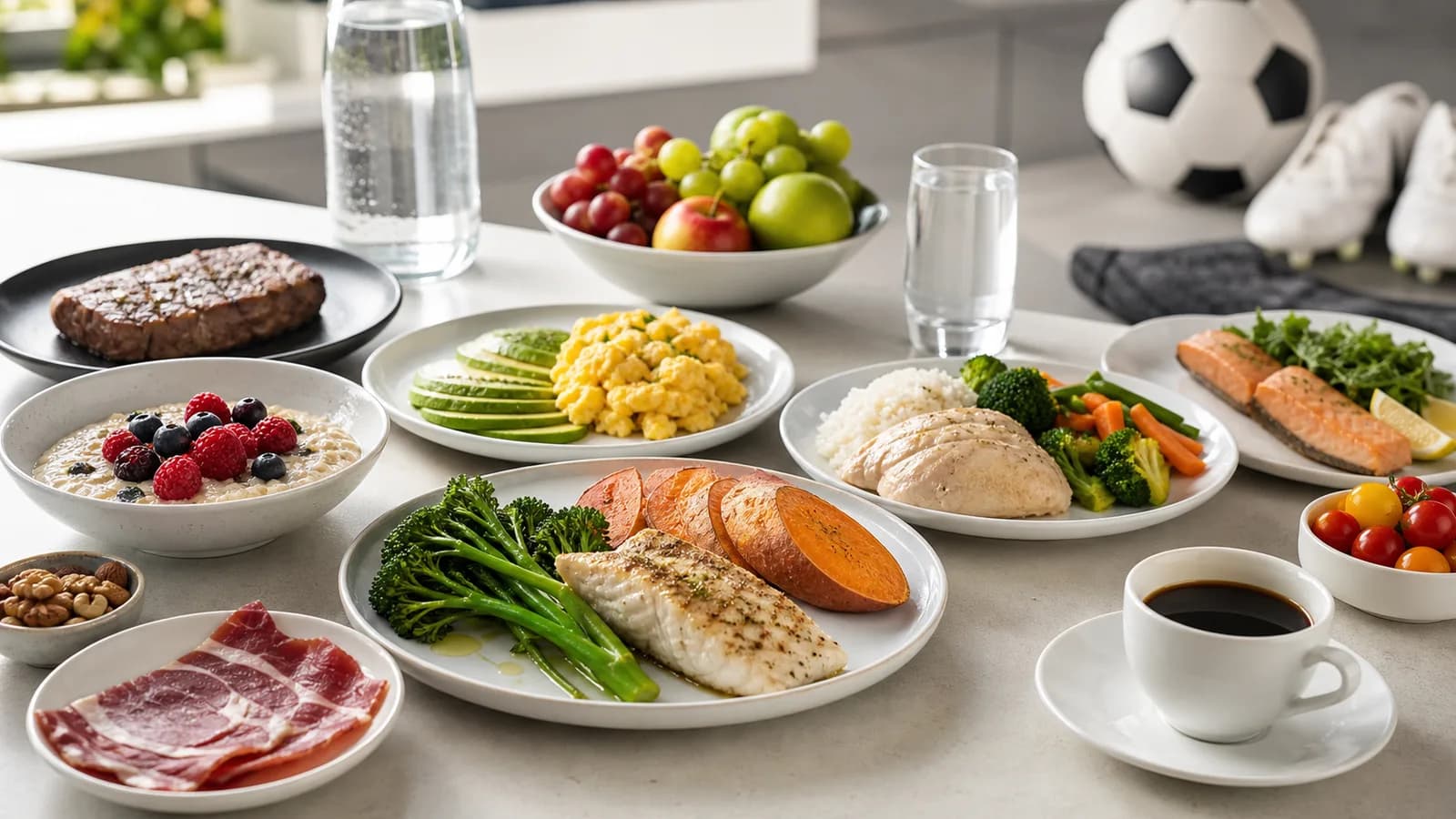 A full day of footballer meals with coconut porridge, eggs, avocado, fish, sweet potato, broccoli, chicken, rice, salmon, fruit, water, coffee, steak, and cured ham beside a soccer ball