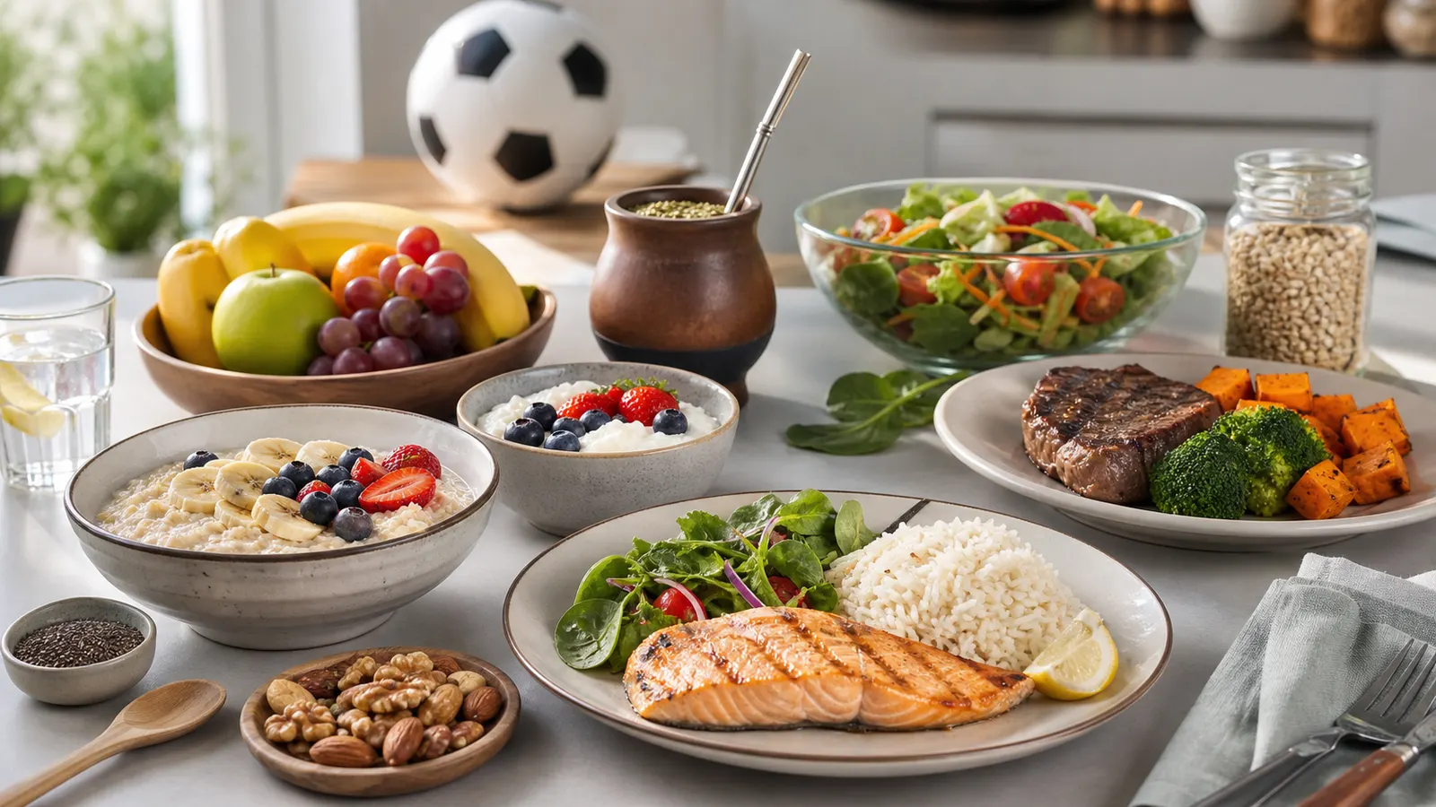 A full day of athlete meals with oats, fruit, mate, fish, rice, salad, nuts, yogurt, salmon, steak, and vegetables beside a soccer ball