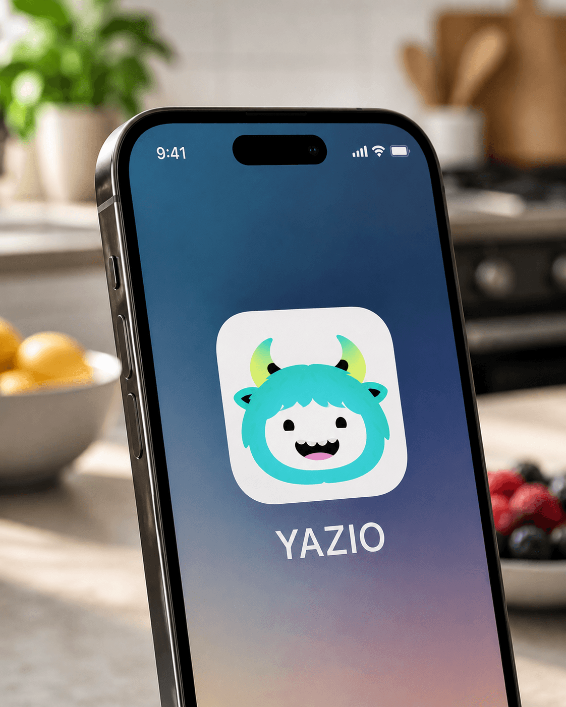A close-up of an iPhone screen showing the YAZIO logo