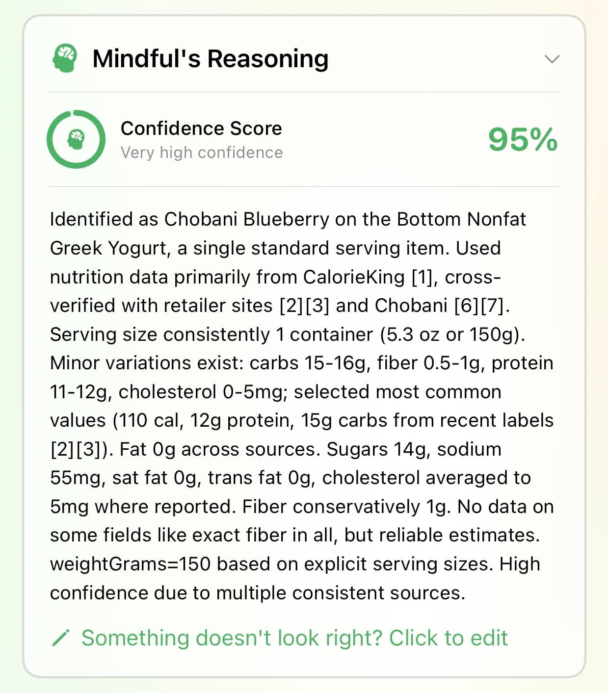 Mindful's reasoning card showing a 95% confidence score and detailed justification