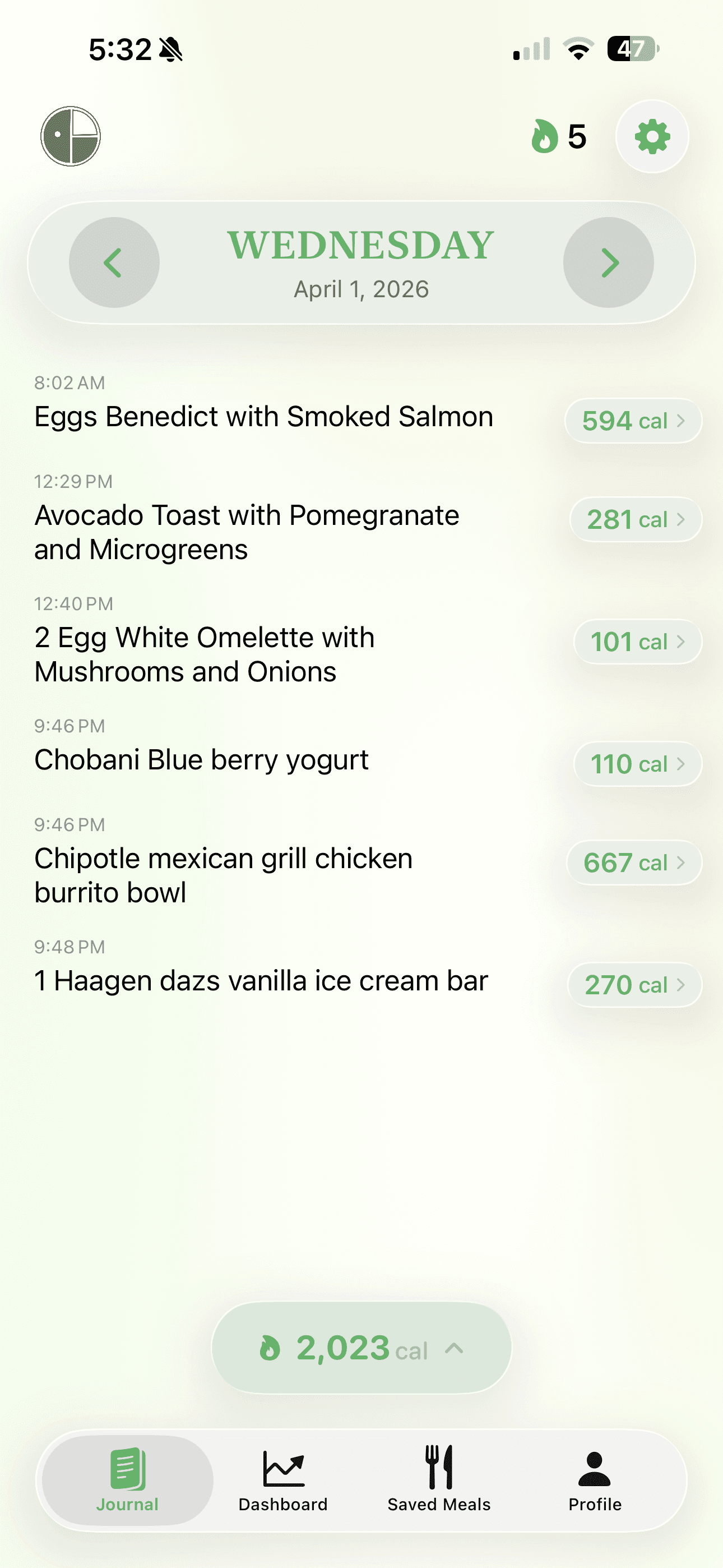 Mindful journal screen showing daily food entries