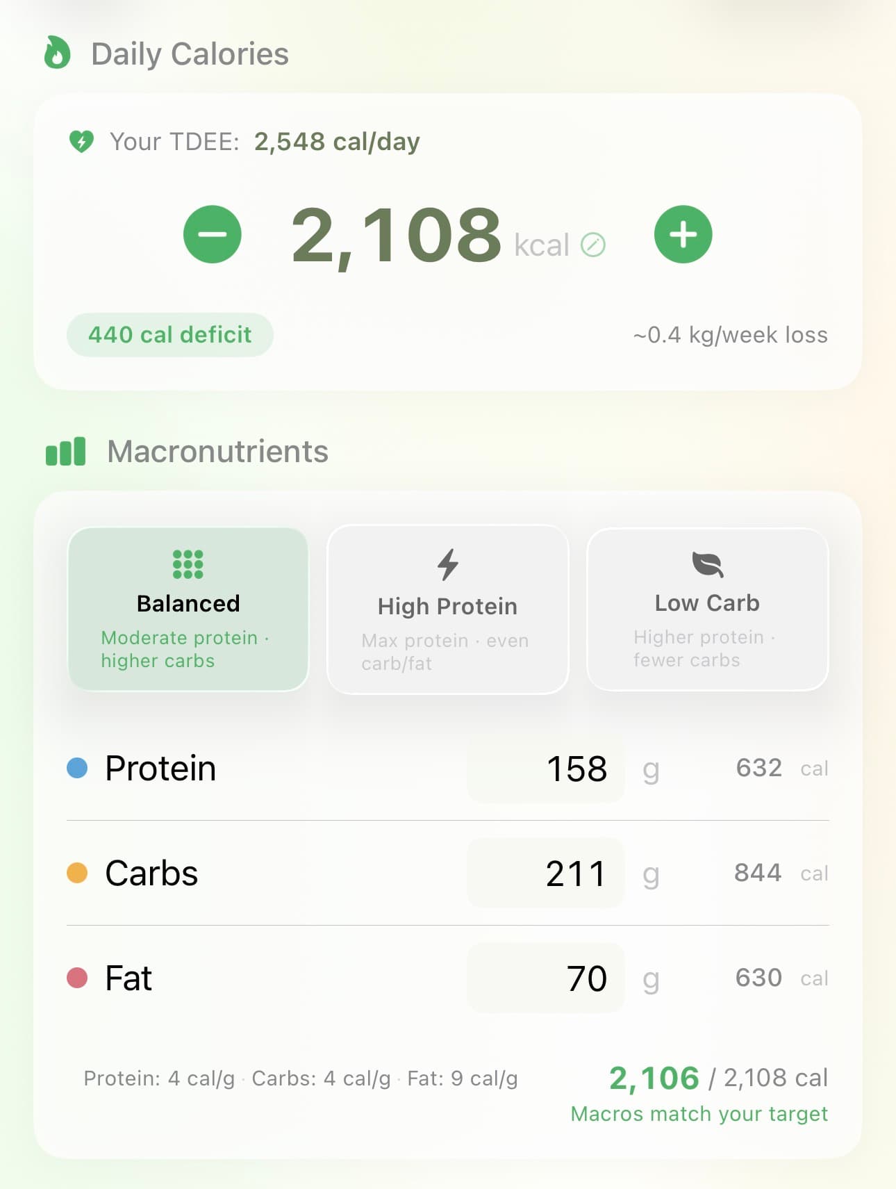 Nutrition goals screen with TDEE, calorie deficit, and macro targets