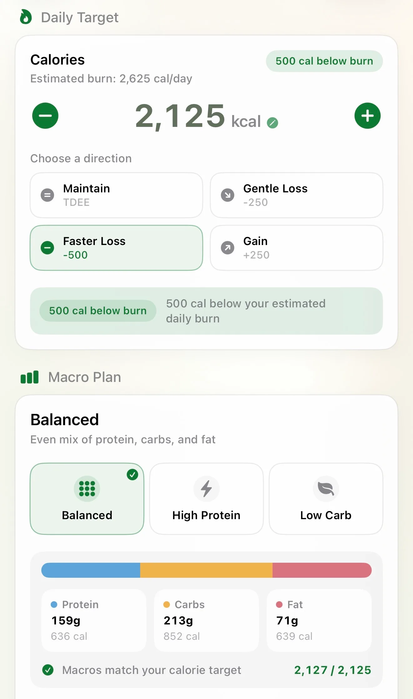 Nutrition goals screen with TDEE, calorie deficit, and macro targets