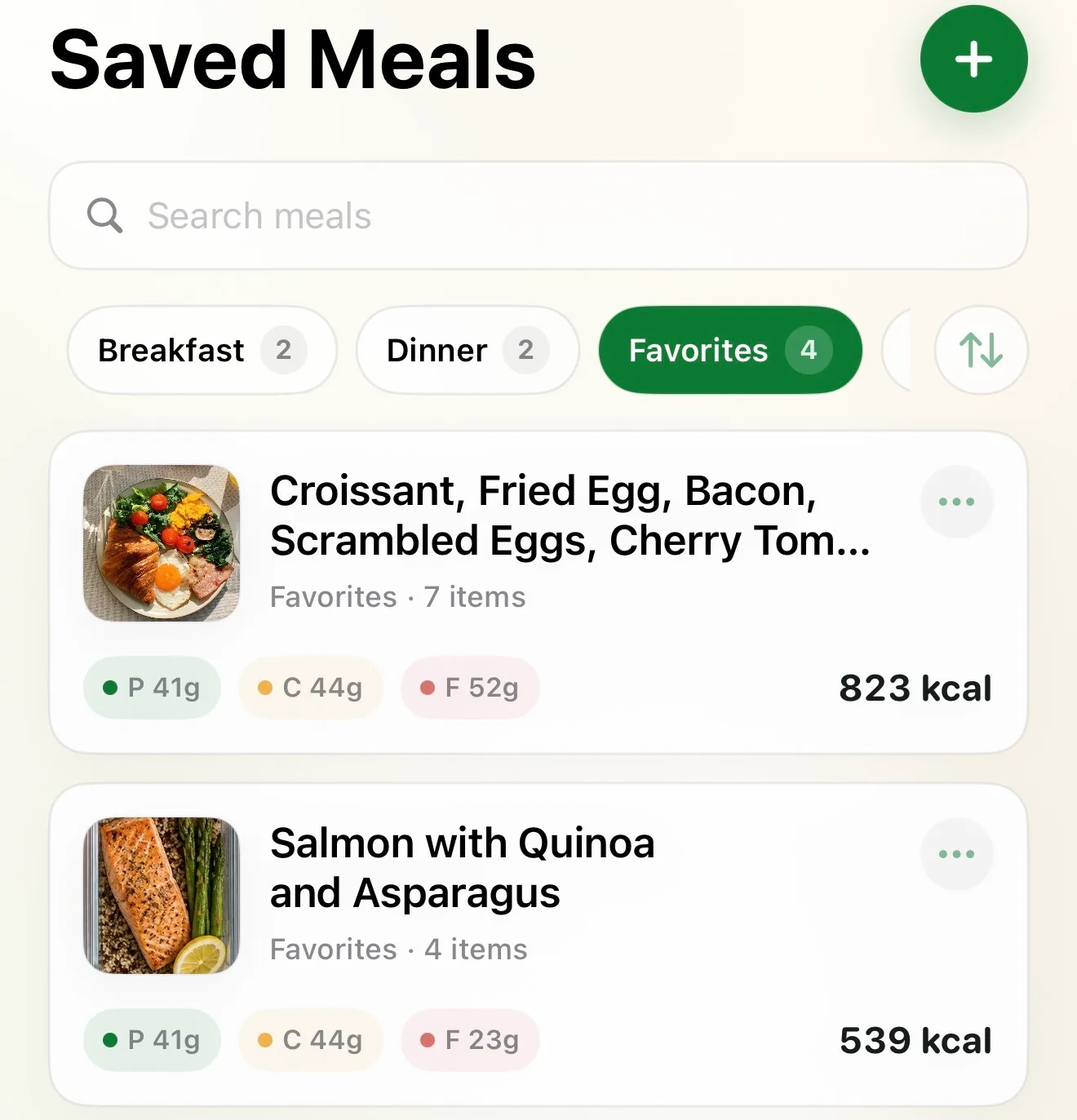 Saved meals library with collection chips and meal cards