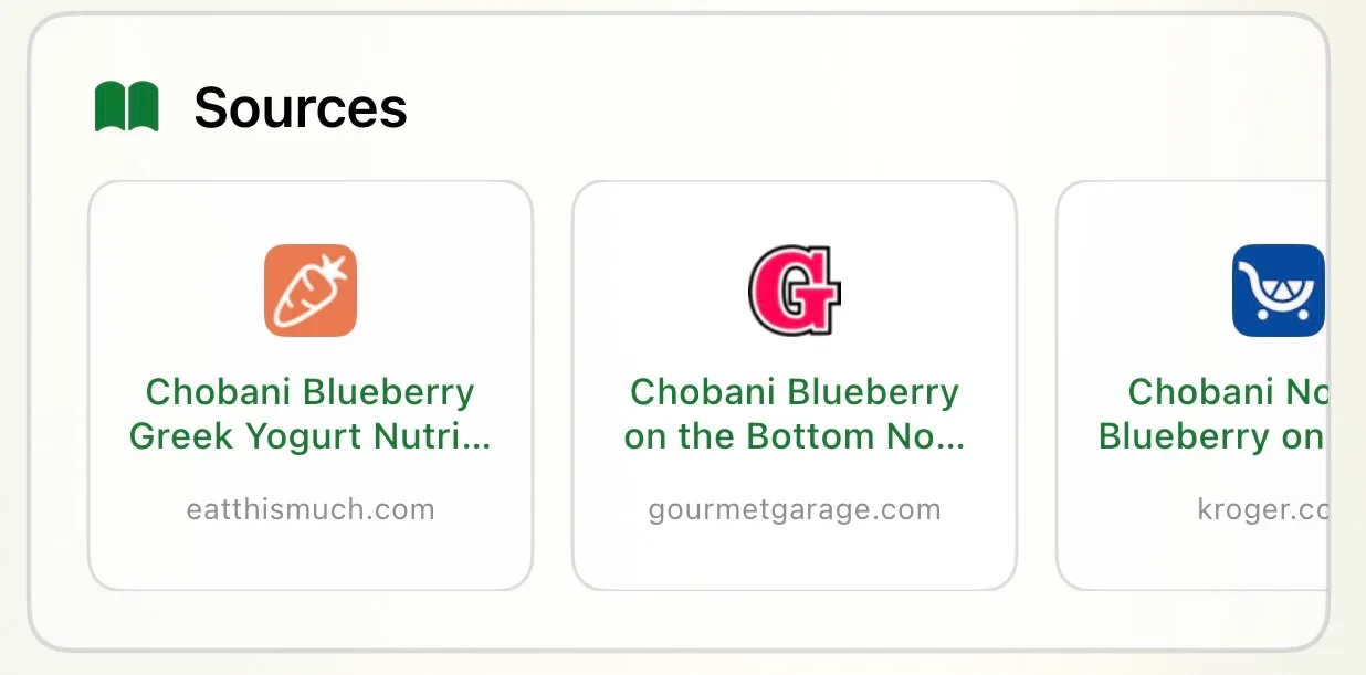 Sources used to verify nutrition data, including CalorieKing, GourmetGarage, and FoodLion